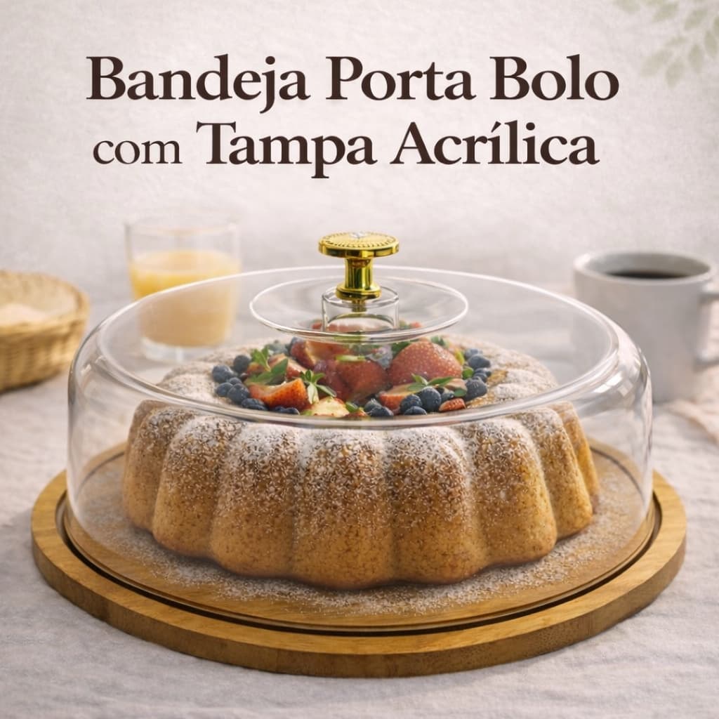 Bandeja Porta Bolo 28cm com Tampa Acrílica Boleira Redonda Bambu MDF Mesa Posta Doce Sobremesas Café