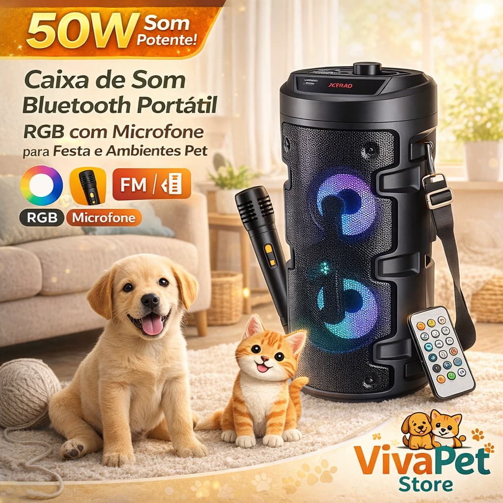 Caixa de Som Bluetooth Portátil 50W RGB com Microfone para Festa e Ambientes Pet – XDG-139