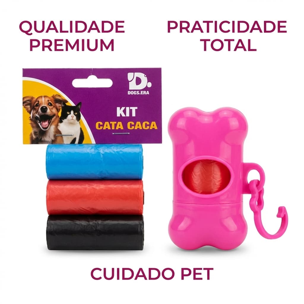 Kit Porta-Refil Cata Caca Ossinho com 1 refil + 3 refis extras total 60 sacolas plásticas