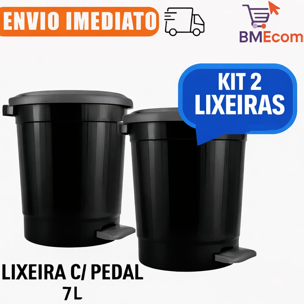 Kit 2 Lixeiras Redondas Com Pedal 7l Litros Preta Cozinha Banheiro Lavanderia Escritório