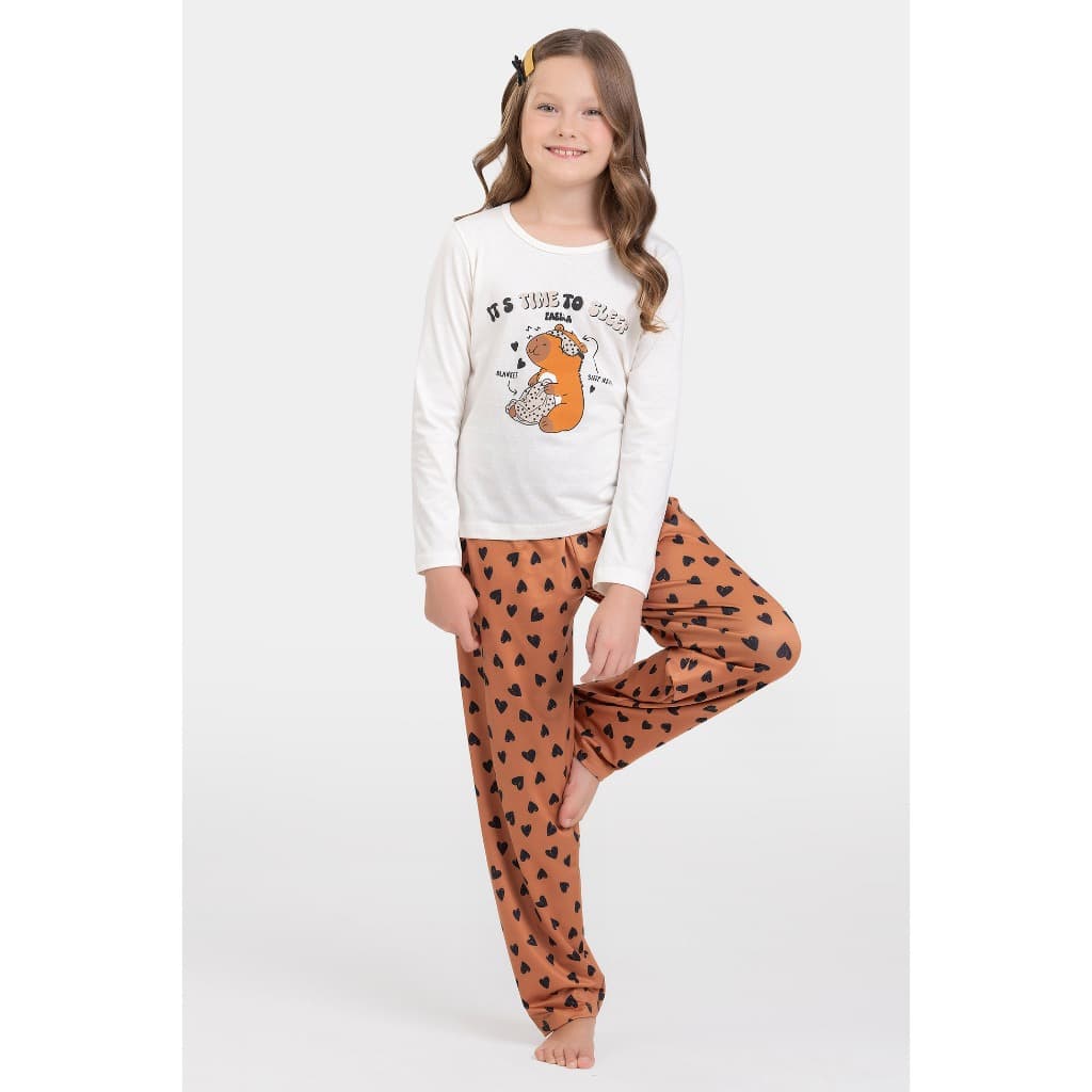 Pijama Infantil Manga Longa Feminino Capivara - Off-White