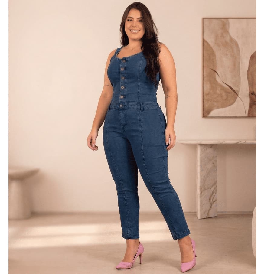 Jardineira longa plus size lycra estica não aperta feminina