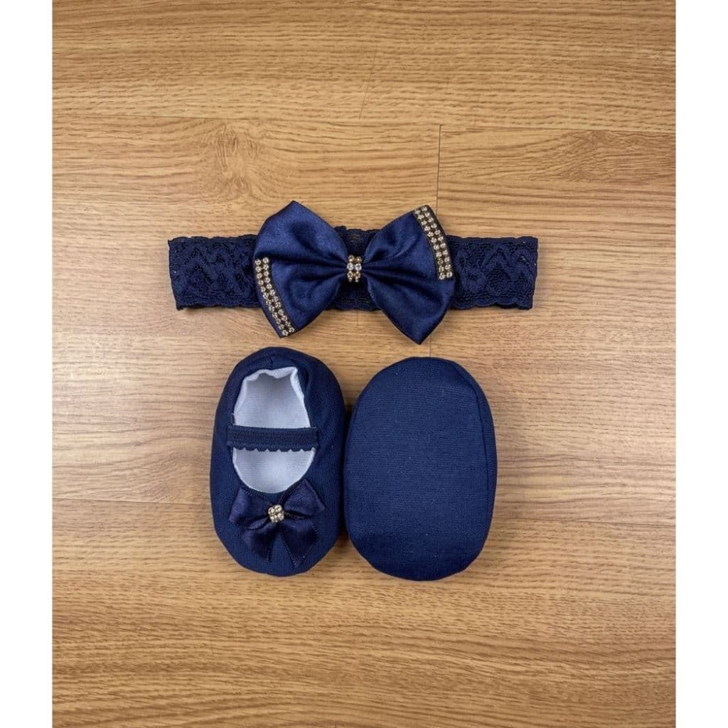 Kit Sapatilha + Faixa/Tiara Luxo para Bebê – 0 a 6 Meses menina - azul