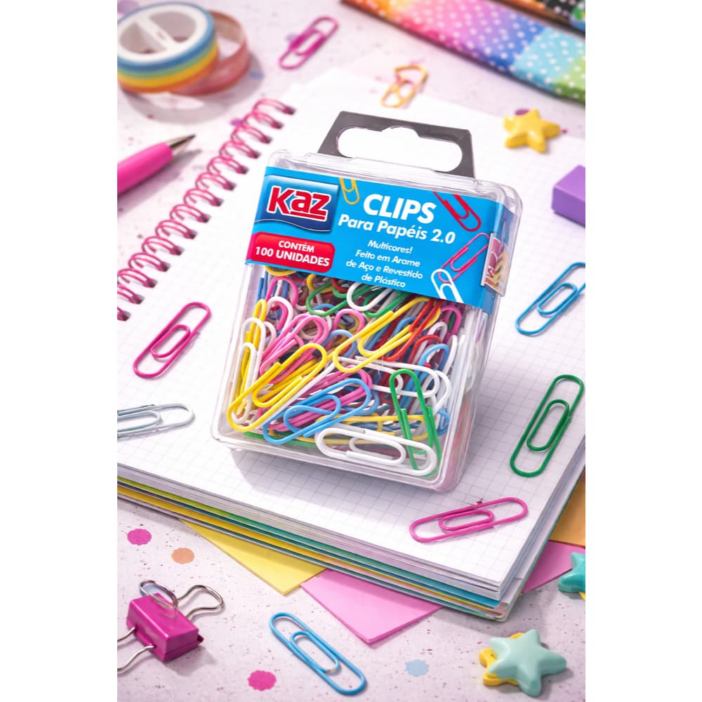 Kit 100 Clips Coloridos de Aço Para Papel n°2/0 Revestido Plástico