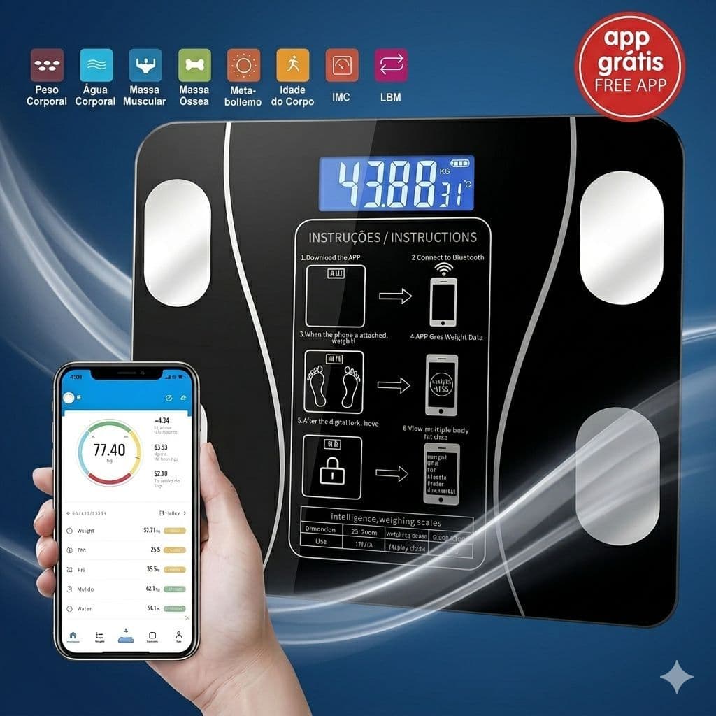 Balança Digital Inteligente Bioimpedancia Monitoramento Peso Corpo 140kg Preta