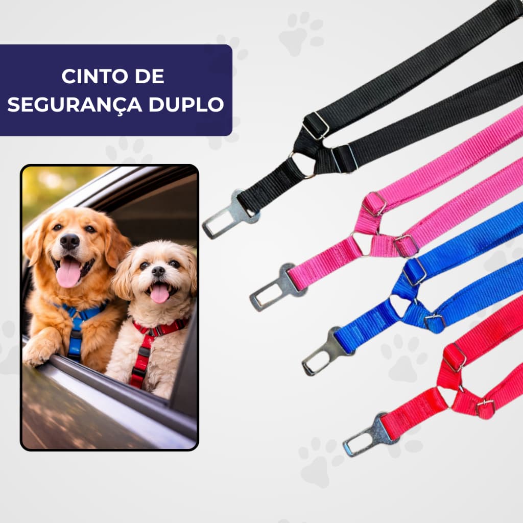 Cinto de Segurança Carro Duplo Nylon Pets Animais Estimação Ajustável Mosquetão Universal