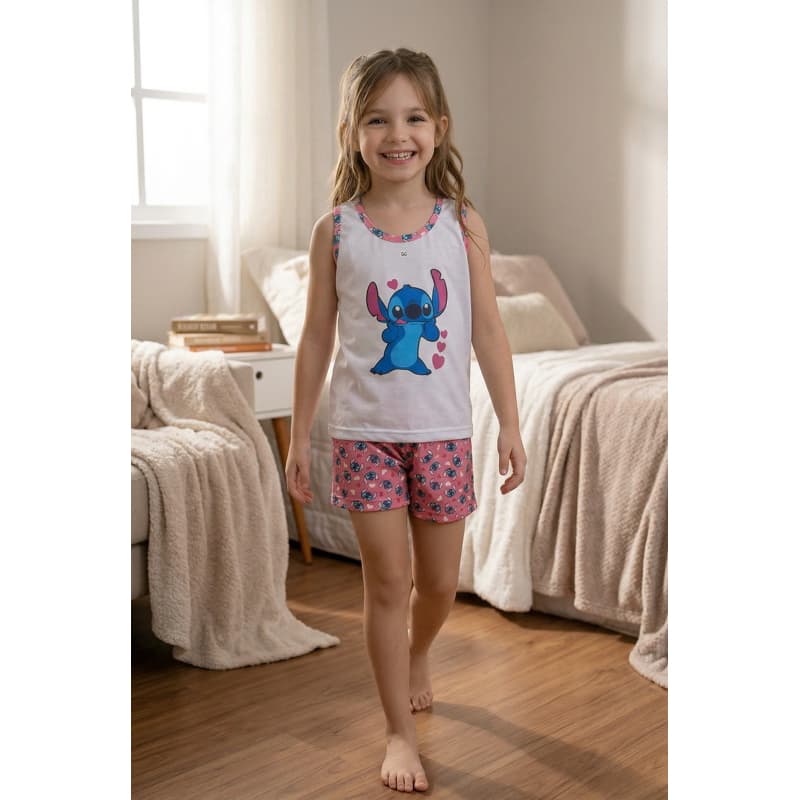 Pijama infantil feminino baby doll short doll roupa de dormir de menina verao regata stitch capivara