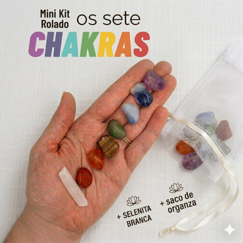 Kit 7 Chakras Pedra Rolada Pequenas + Saco Organza + Selenita Branca 8 Cristais Mini Kit Les Energie