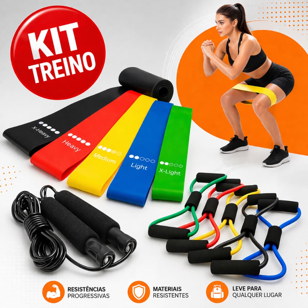 Kit de Treino Em Casa Completo Elástico Extensor Cross Tube + Kit com 5 Faixa + Corda de Pular Saúde