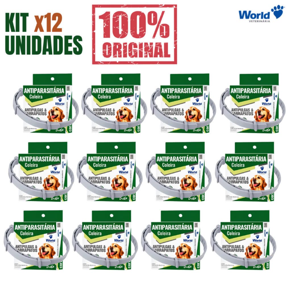 12 Coleiras Antipulgas e Carrapatos Antiparasitária Dugs World Veterinária Para Cães