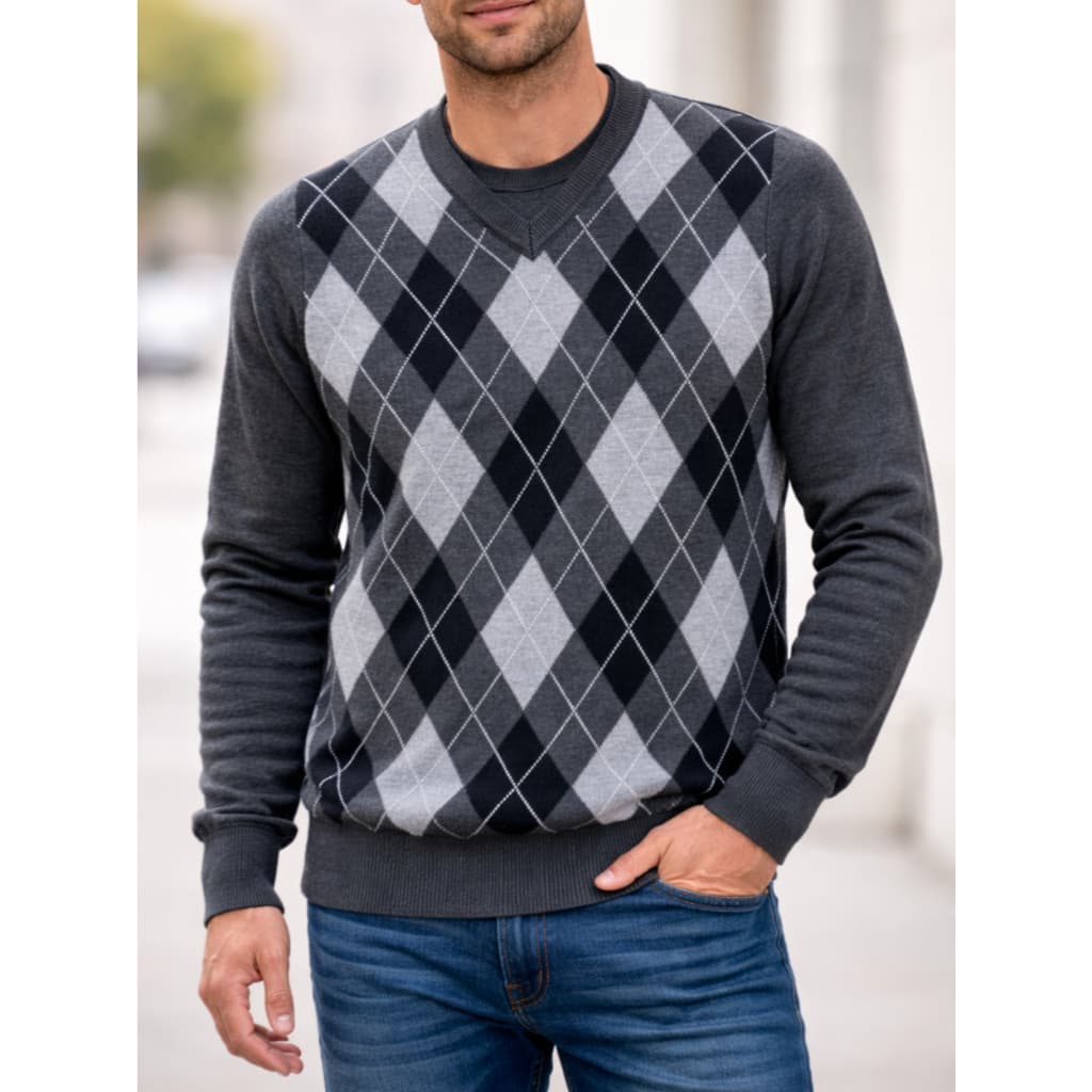 Blusa jacar escocês masculina tricô suéter inverno decote V