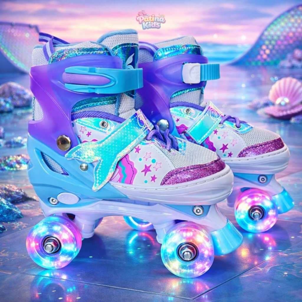Patins Quad Sereia 4 Rodas Infantil Ajustável Regulável Com Rodinhas de Led + Bolsa