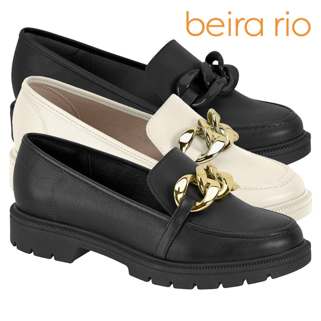 Sapato Mocassim Loafer Feminino Beira Rio Preto Tratorado Corrente Dourada Moda Confortável Original