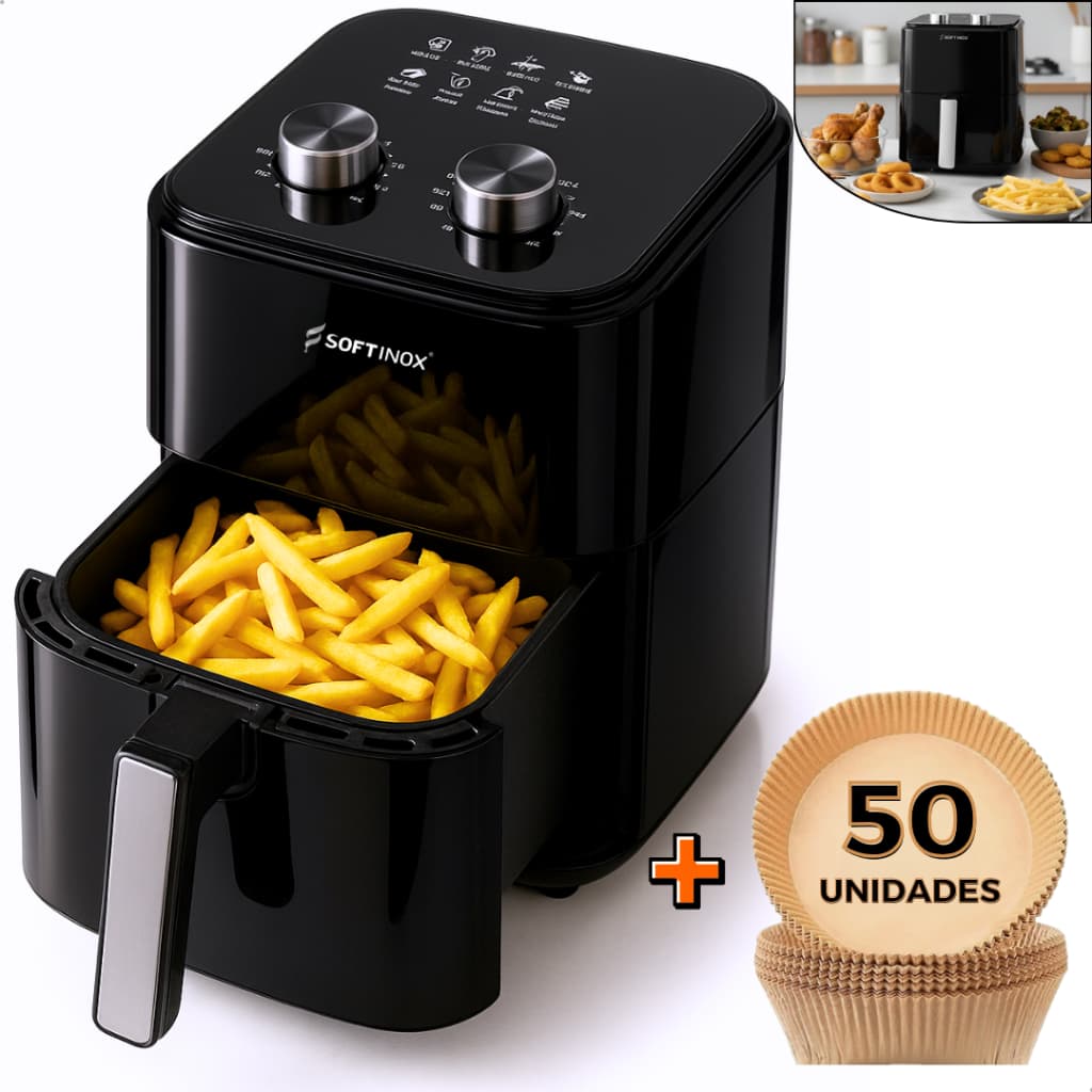 Air Fryer 4.2L 1400W Timer Antiaderente Sem Óleo 50 Formas Papel Softinox 127V ou 220V Preta