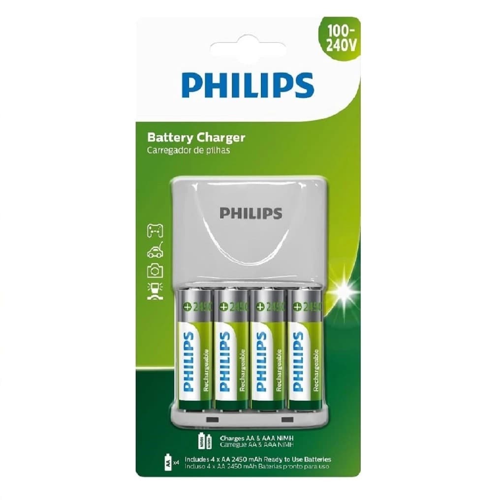 Carregador de Pilhas Philips com 4 Pilhas AA Recarregáveis 2450mAh SCB2445NB (Bivolt)