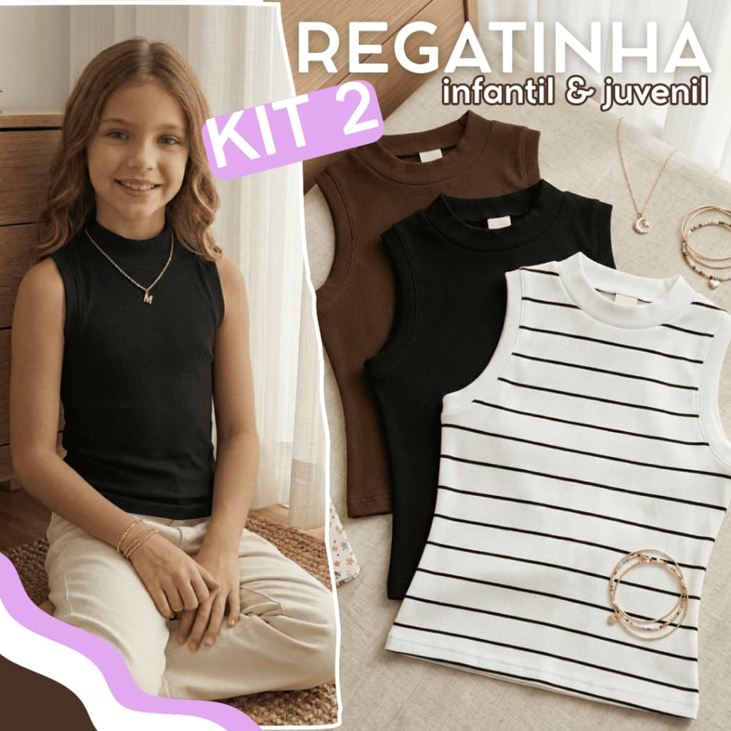 KIT 2 Blusinhas Regatas de Menina Juvenil Infantil Roupa Básica Dia a Dia Blogueirinha