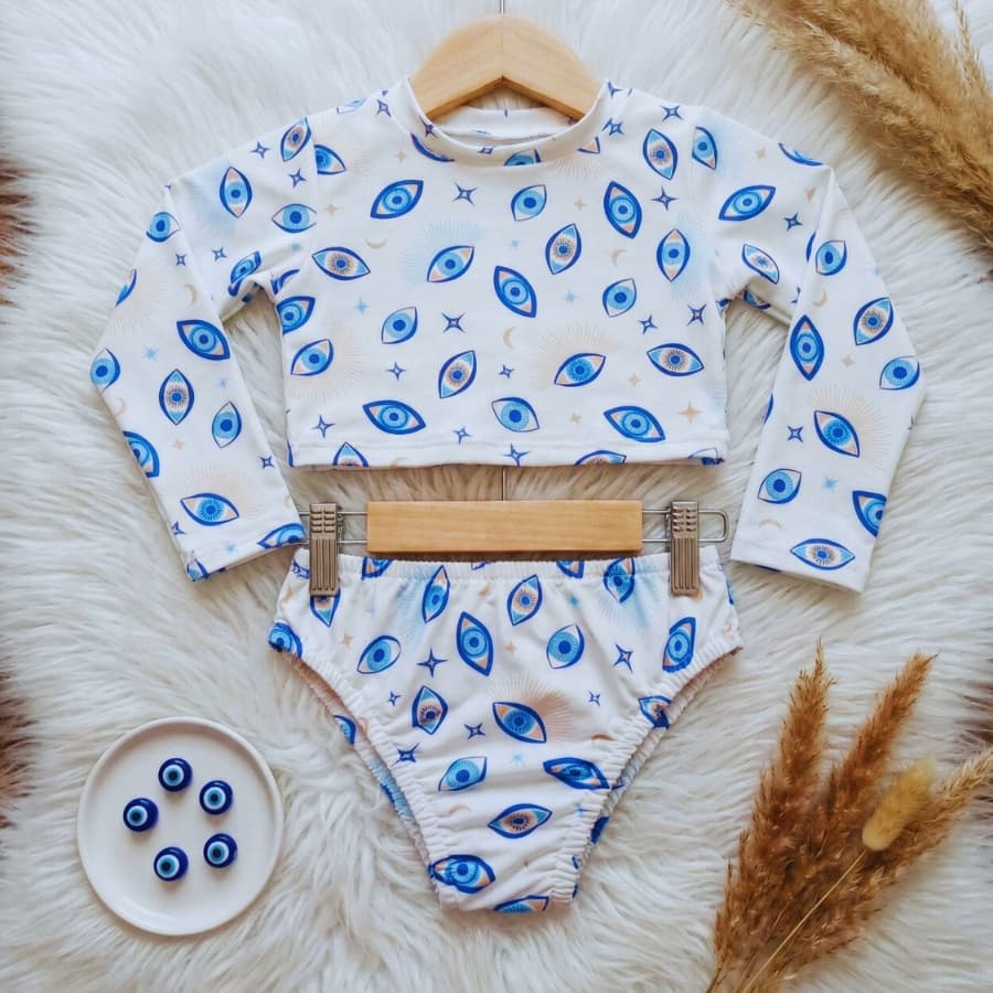 Conjunto de Biquíni Infantil e Juvenil + TOP MANGA LONGA ESTAMPA SEREIA UV Forrado 8 a 16 Moda Praia Piscina