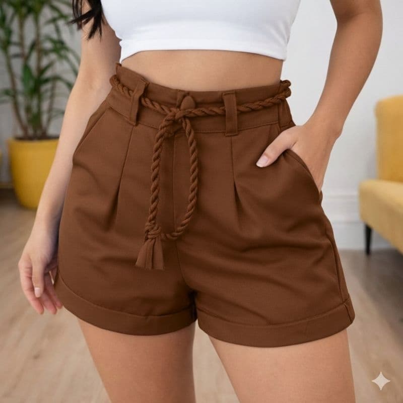 Short Alfaiataria Feminino Com Cinto Bolso e Zíper Cintura Alta
