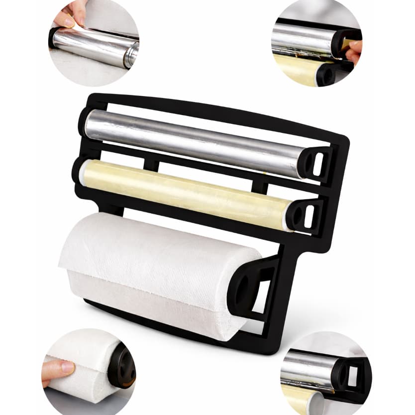 Porta Papel Toalha Triplo Suporte Preto Rolos Para Cozinha 3 em 1