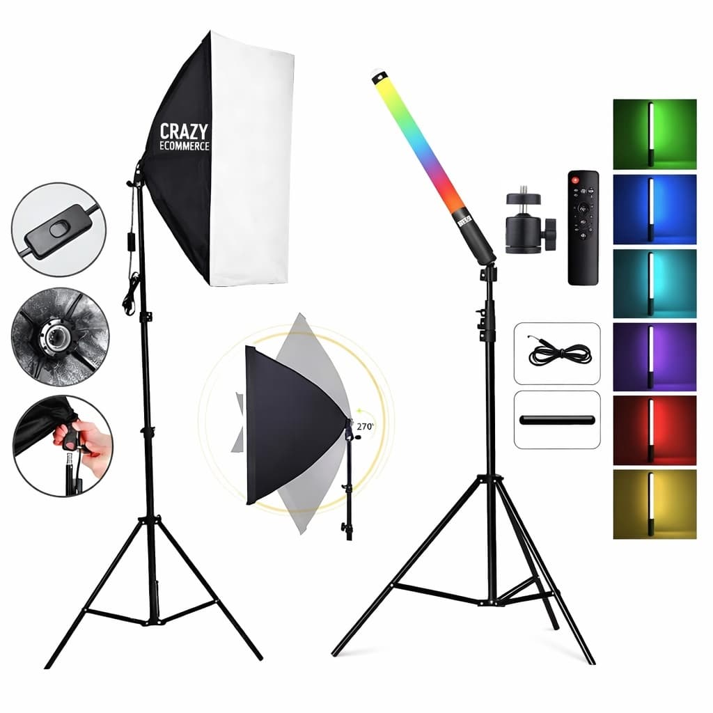 Kit Softbox + Bastão De Led Rgb Estúdio Luz Continua Tripe