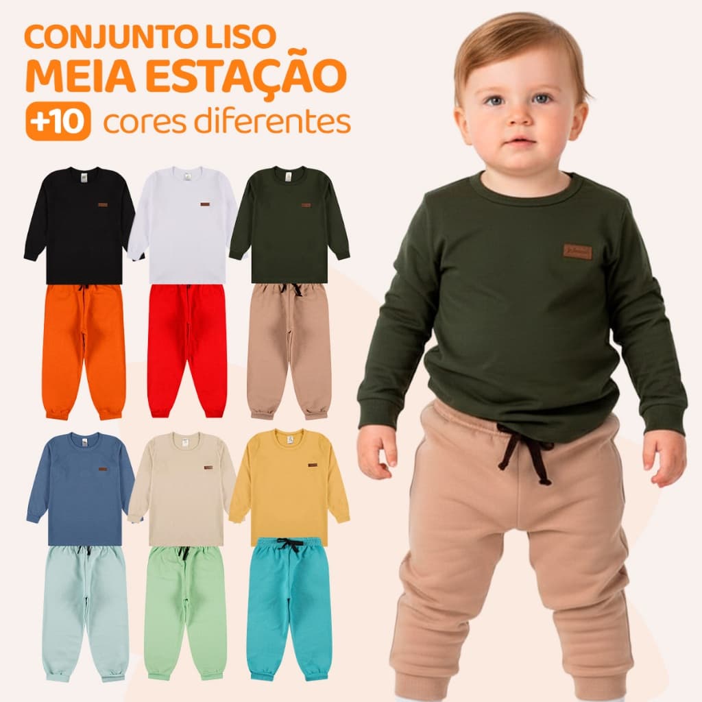 Kit 10 ou 4  Peças Conjunto Camiseta Manga longa e Calça Moletom Bebe Menino Infantil Conjunto Meia Estação Inverno