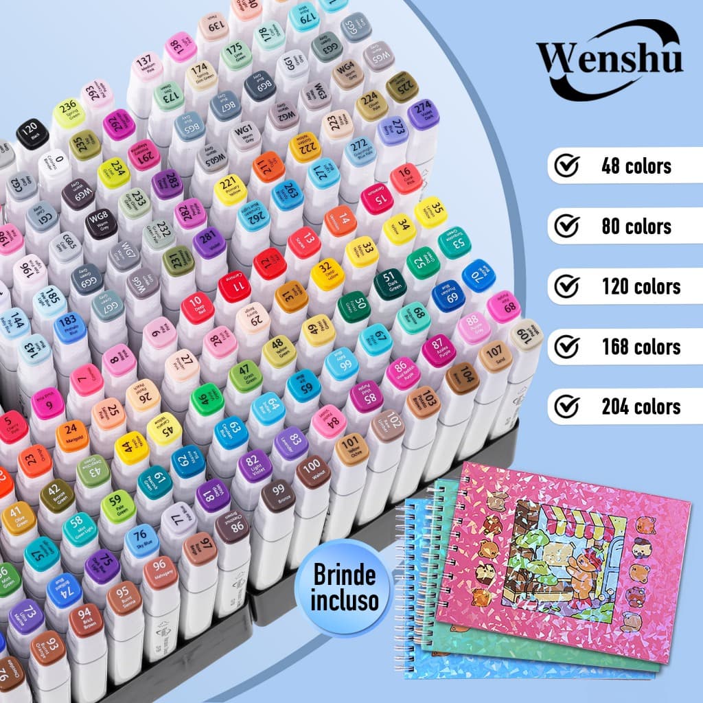 Caneta Marcadora Touch Dupla Ponta Ecológicas Álcool para Arte e Desenho 48/80/120/168/204 peças Wenshu