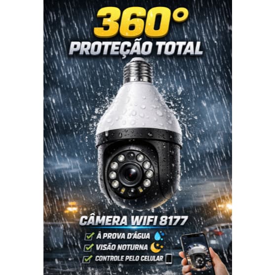 Câmera de Segurança WiFi 8177 à Prova D’Água Lâmpada IP Sem Fio Infravermelho Visão Noturna HD 360°