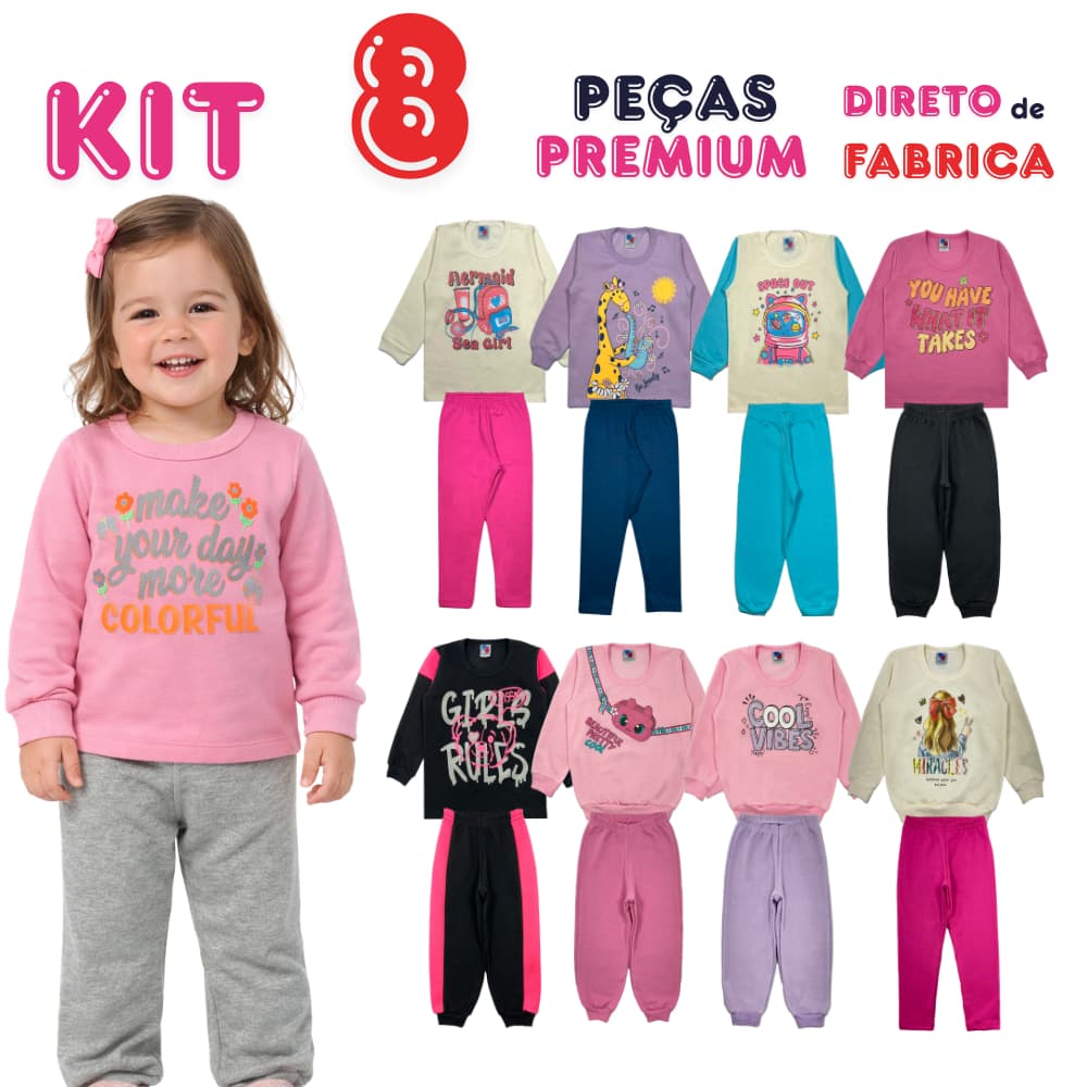 Kit  8 Peças Menina Inverno Moletom Felpado 4 Conjuntos Roupa Bebê Tam 1 2 3