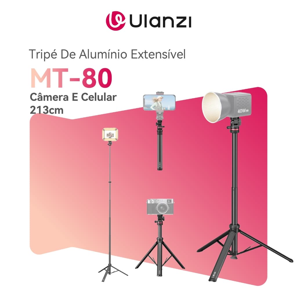 ULANZI MT-80 Tripé De Alumínio Extensível 2,13m Para Câmera E Celular Abertura Automática Viagem