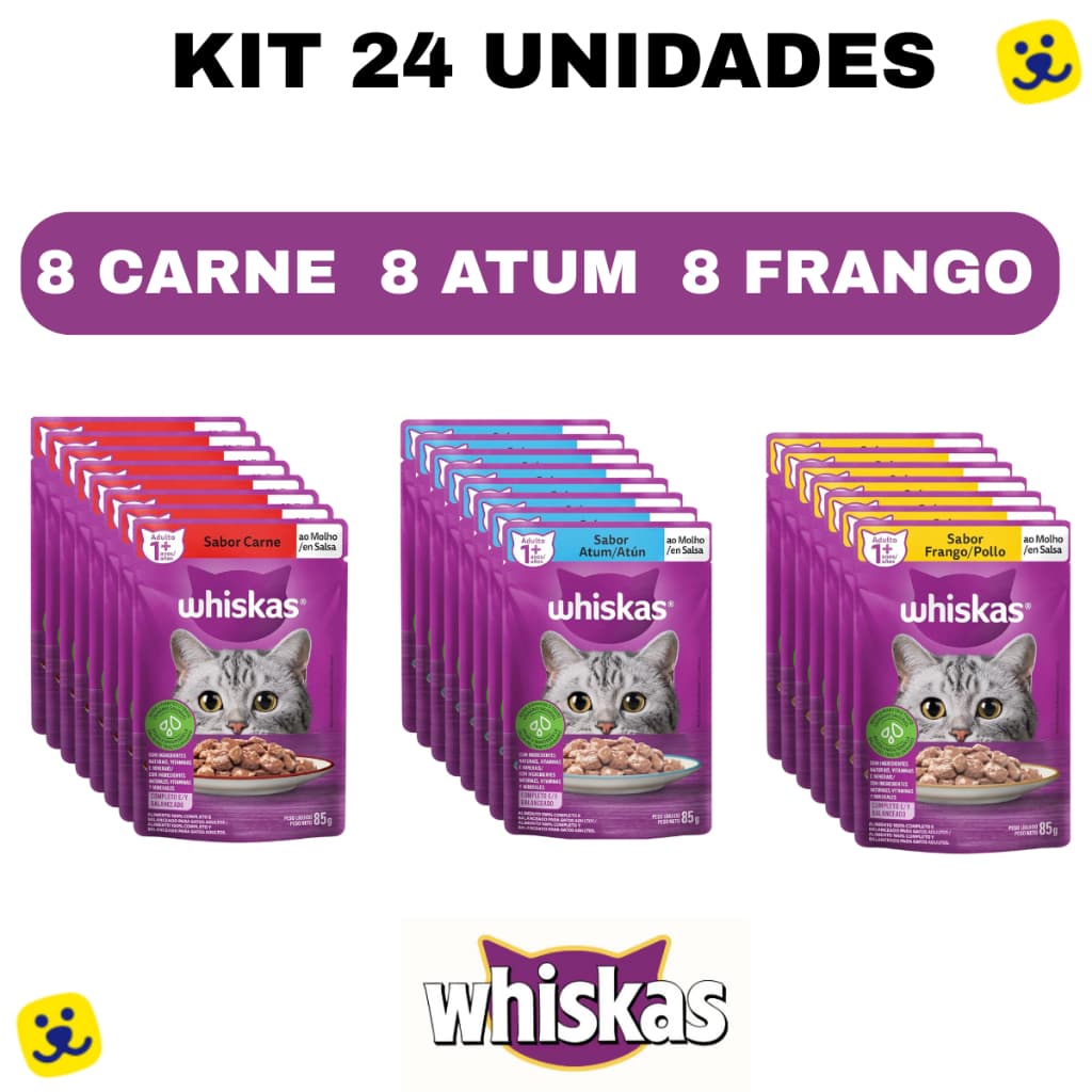 Kit 24 unidades Whiskas Sachê 85g Sachê para Gatos Adultos Sabores Frango Atum Carne Alimento Úmido