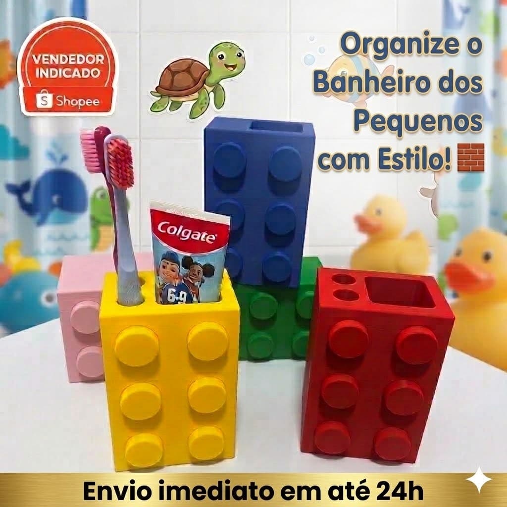 Porta Escova de Dente e Pasta Estilo Lego Infantil Bloco de Montar Organizador de Banheiro Criativo 3D - Envio 24h