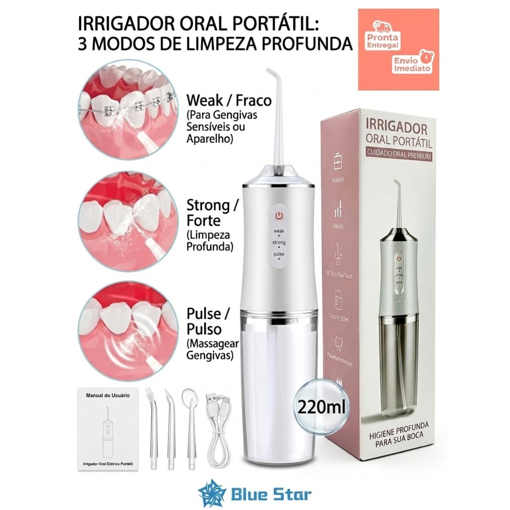 Irrigador 3 Modos Portátil Jato D`água 220ml Recarregável USB Higiene  - Promoção