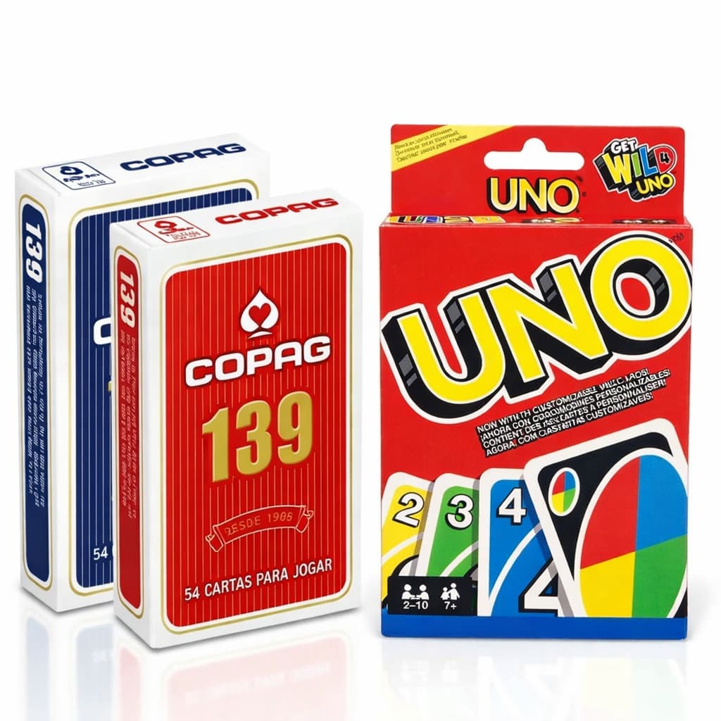 Kit Jogo UNO + 2 Baralhos Copag 139 Azul e Vermelho Cartas Alta Qualidade Diversão Familia Amigos
