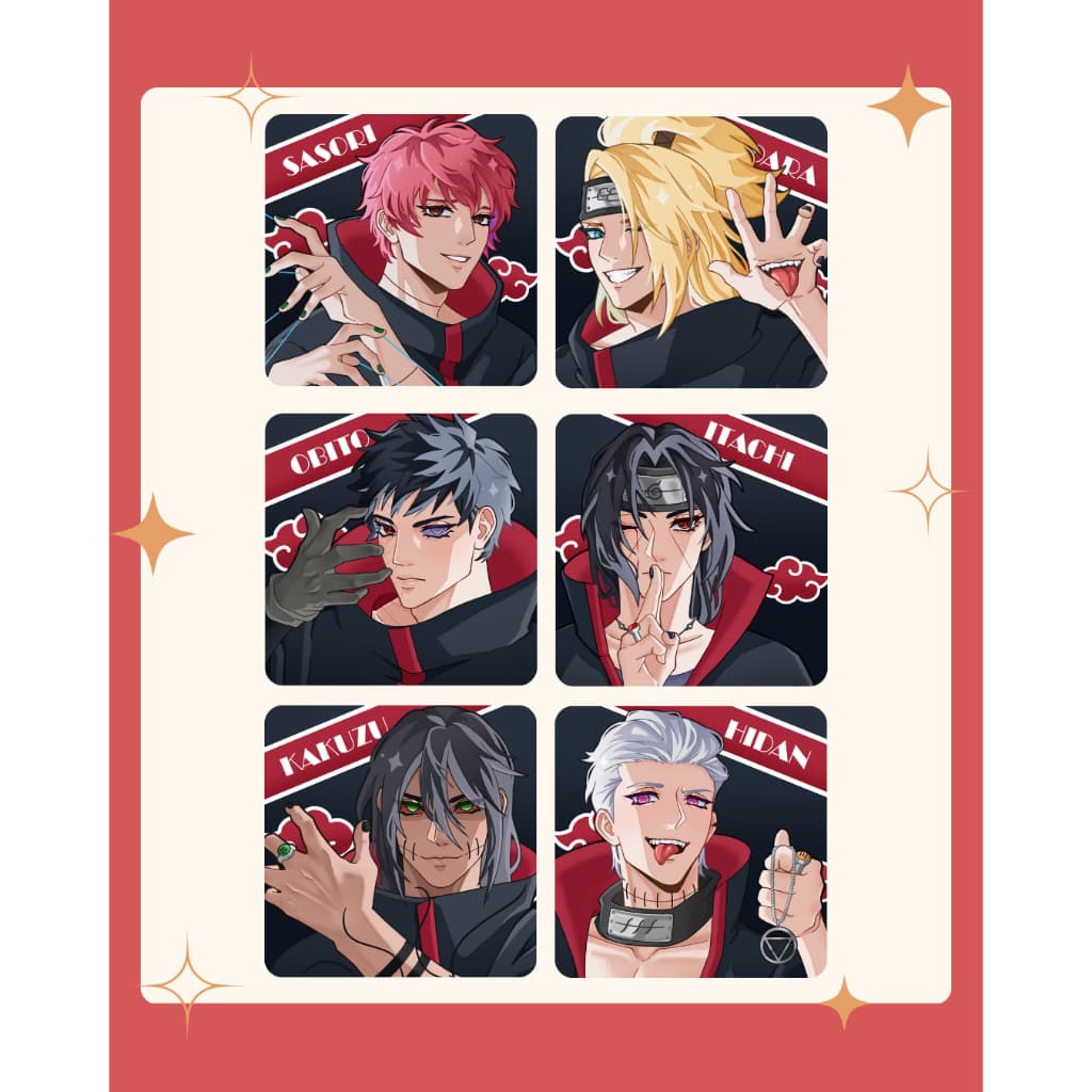 BOTTONS NARUTO AKATSUKI - 6 MODELOS (ITACHI, SASORI, DEIDARA, OBITO, HIDAN E KAKUZU)