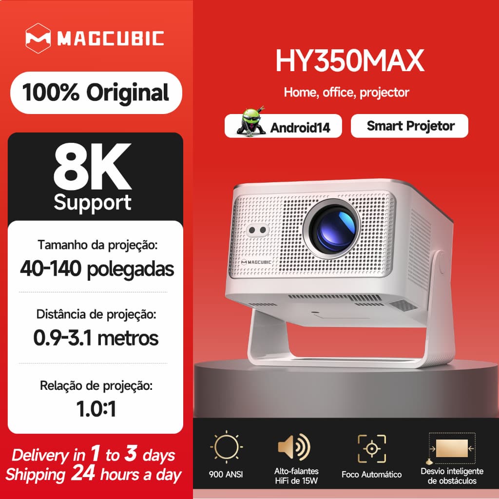 Magcubic Projetor HY350max 900 ANSI Correção Inteligente Chip H726 Foco Automático WIFI6 BT5.4