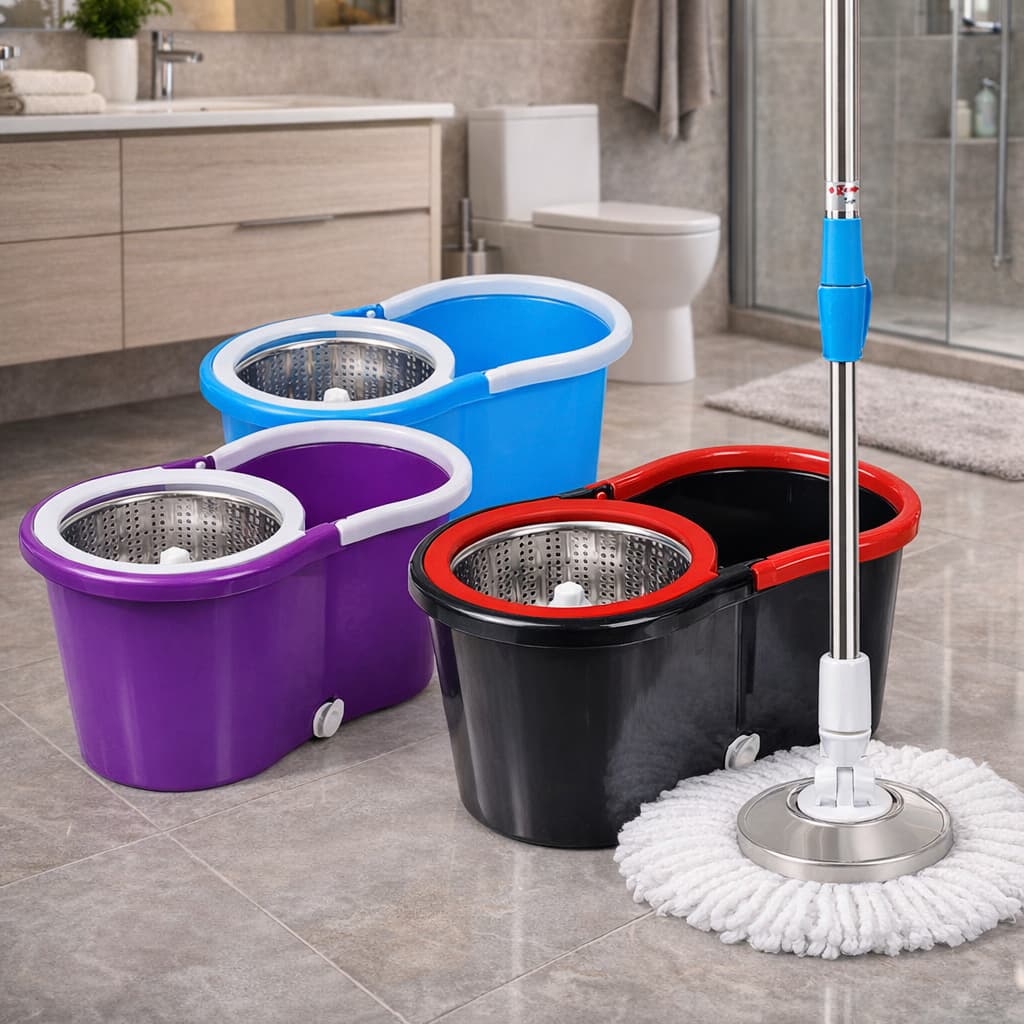 Mop Giratorio Com Centrifuga Inox e Cabo em Inox Com 2 Refil de Microfibra Limpeza Profunda e Fácil