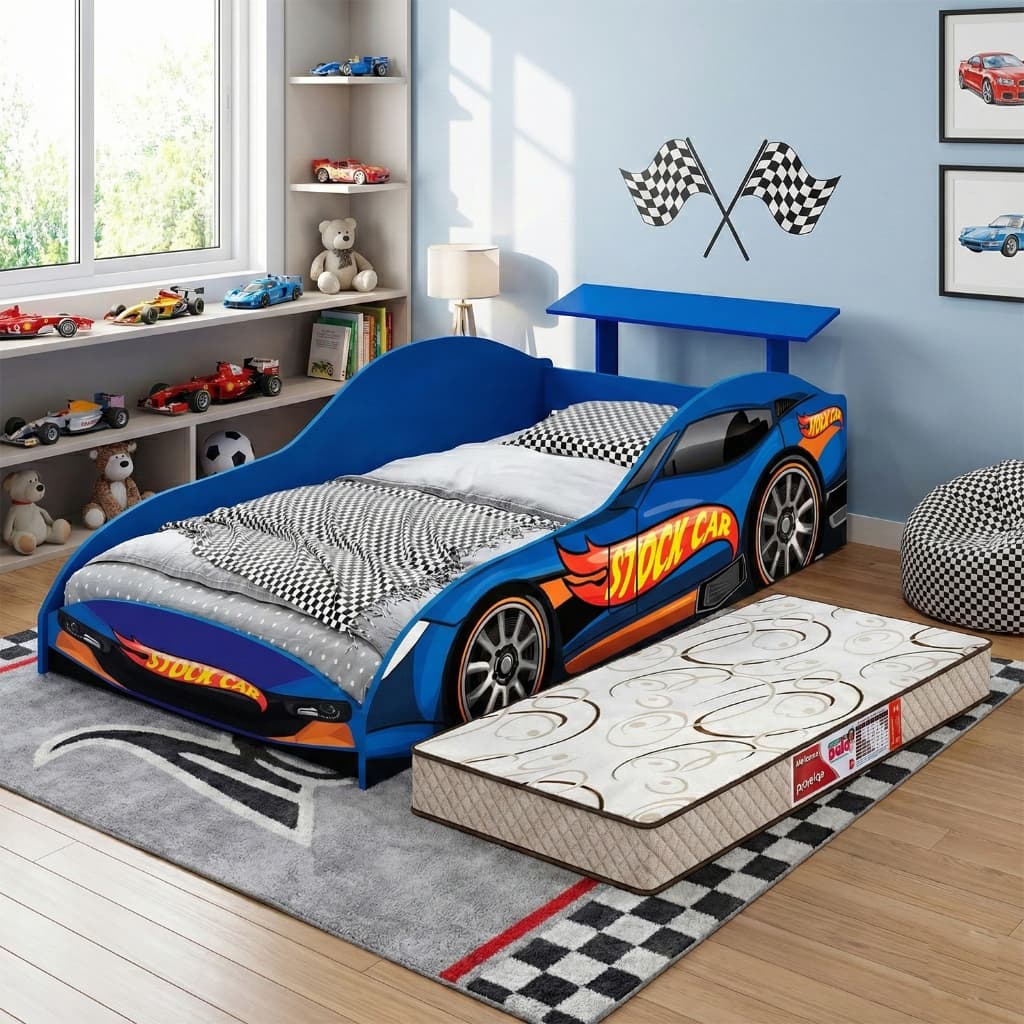 Cama Infantil Carro Stock Car Azul MDF Aerofólio com Juvenil Masculina Quarto Menino com colchão