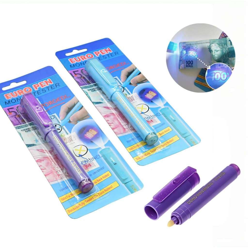 Kit 2 Caneta Testadora de Dinheiro Falso com Luz UV – Detector de Notas Falsas Portátil