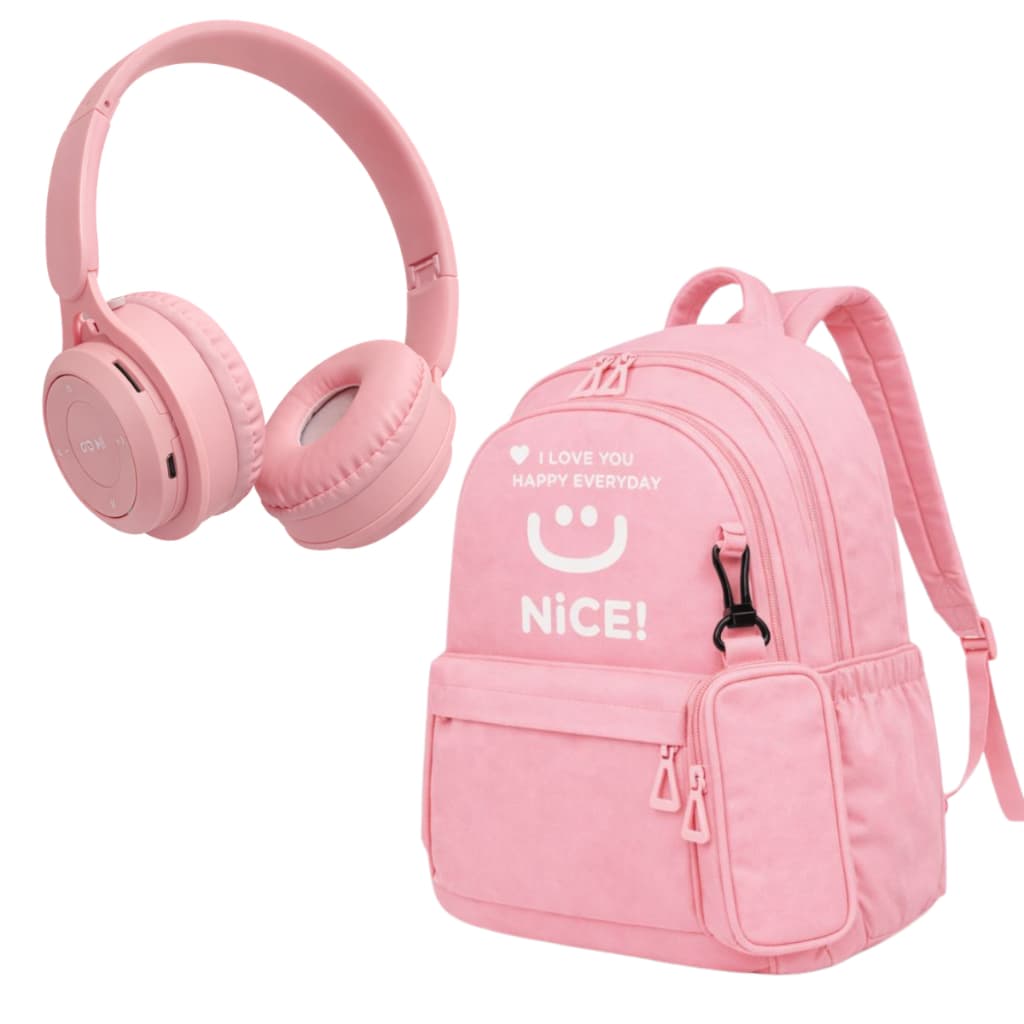 Kit Mochila Nylon Reforçada + Estojo + Fone Bluetooth Sem Fio Casual Urbana Resistente À Água Rosa.