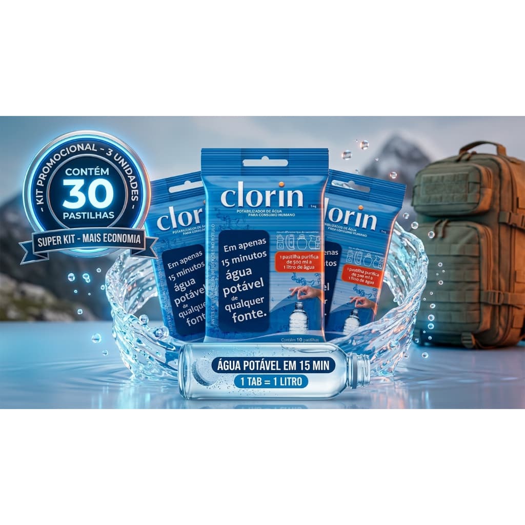 Kit Pastilhas Purificadoras de Água | Purificador de Água Portátil para Camping, Trilhas, Trekking - Clorin 1