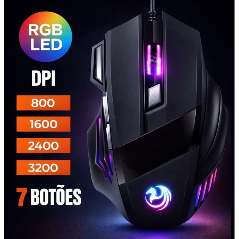 Mouse Gamer Laser 3200dpi Led Rgb Usb 7 Botões Fio USB 7D Extreme 7 Cores Profissional Original
