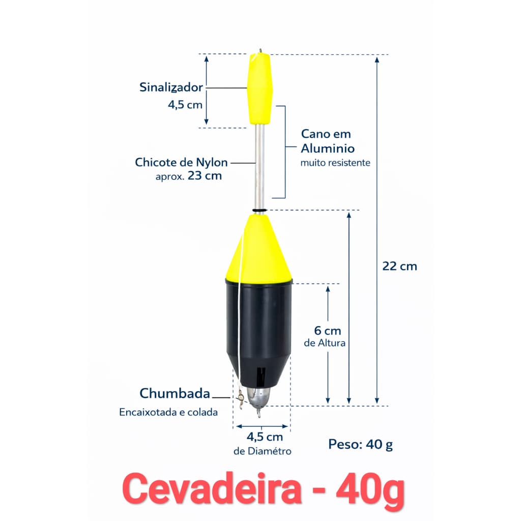 Boia Cevadeira Pesqueiro Pesca Kit Pacu Tamba 35g a 85g Cano Aluminio Arremesso Longo Antena Chicote