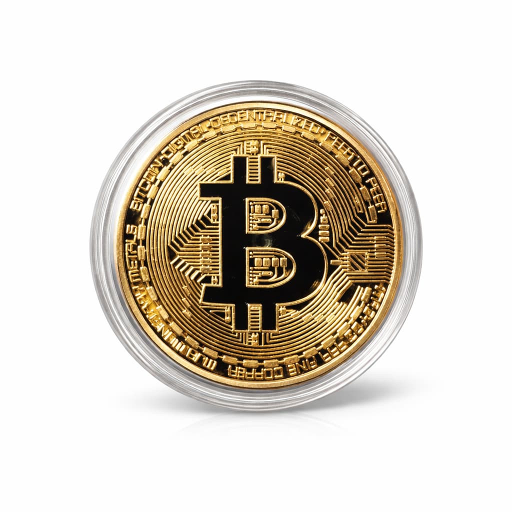 Moeda Bitcoin Física Decorativa Dourada com Cápsula – Presente Colecionador BTC