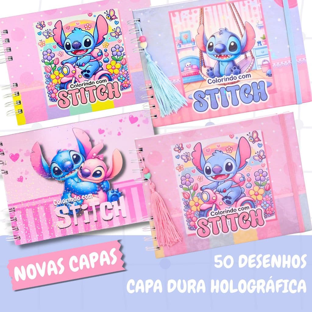 Livro de Colorir Stitch Capa Dura Holográfica Folhas Grossas Qualidade Premium Caderno de Desenho
