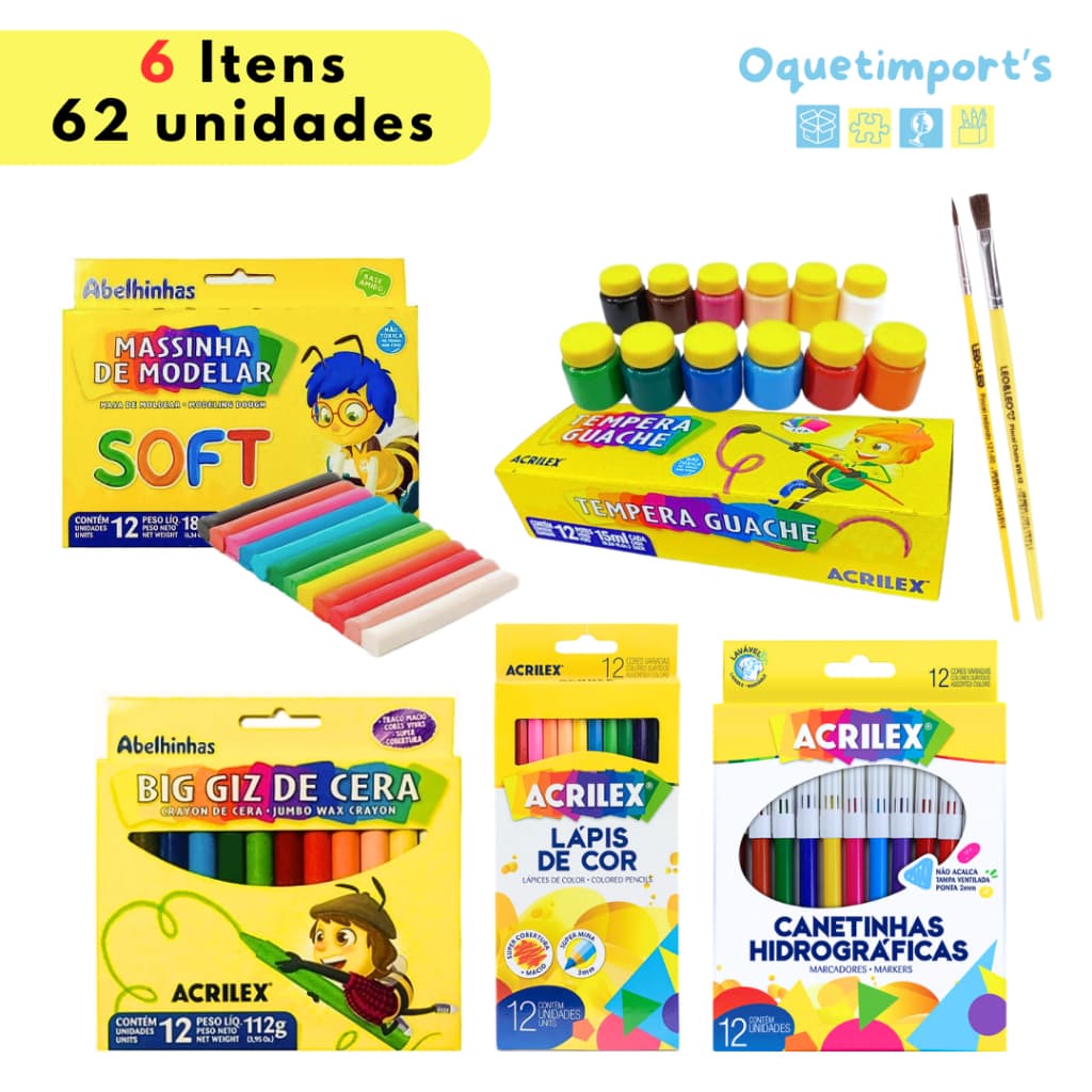 Kit Material Escolar Lápis de Cor Canetinha Giz De Cera Massinha e Tinta Guache Acrilex