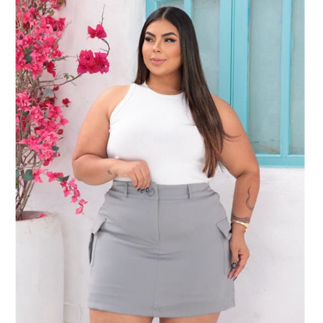 short saia CARGO plus size alfaiataria feminina bolsos laterais com elástico atrás GG G1 G2 46 48 50