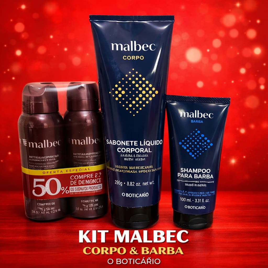 Kit Malbec Boticário – Antitranspirante jato seco-Sabonete Liquido-Shampoo Barba