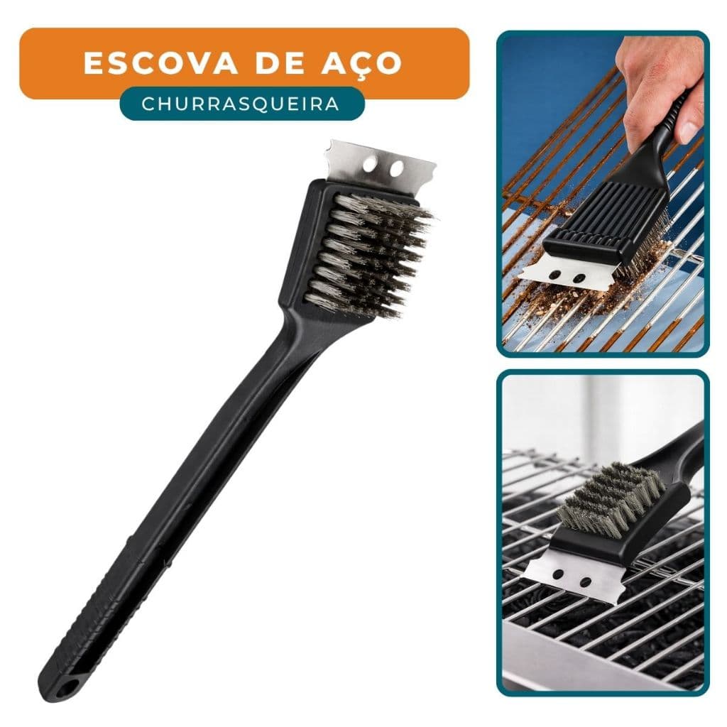 Escova De Aço Churrasqueira Grelha Com Raspador Cerdas De Aço Limpeza