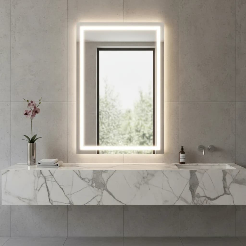 Espelho Grande com Led 3 cores e Touch Jateado Fino 70x50cm Lapidado para Banheiro e Decoração