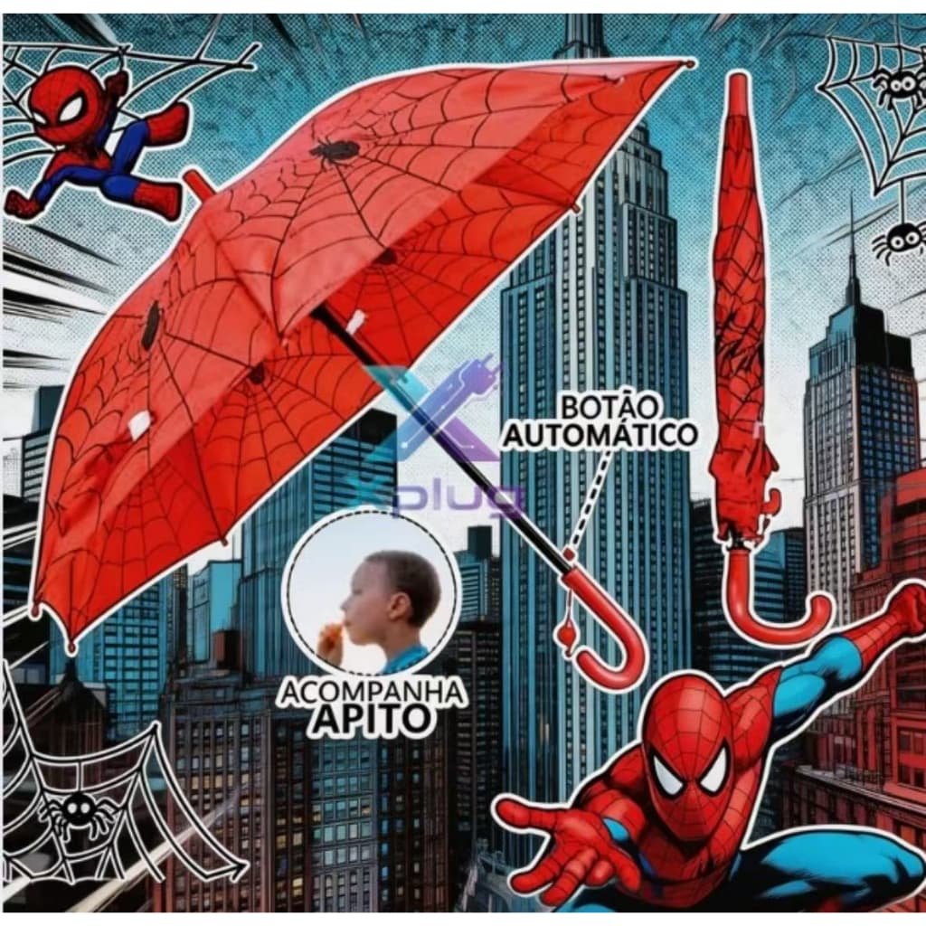 Guarda Chuva Infantil Homem-Aranha Automático Reforçado com Apito Sombrinha Criança Anti Vento